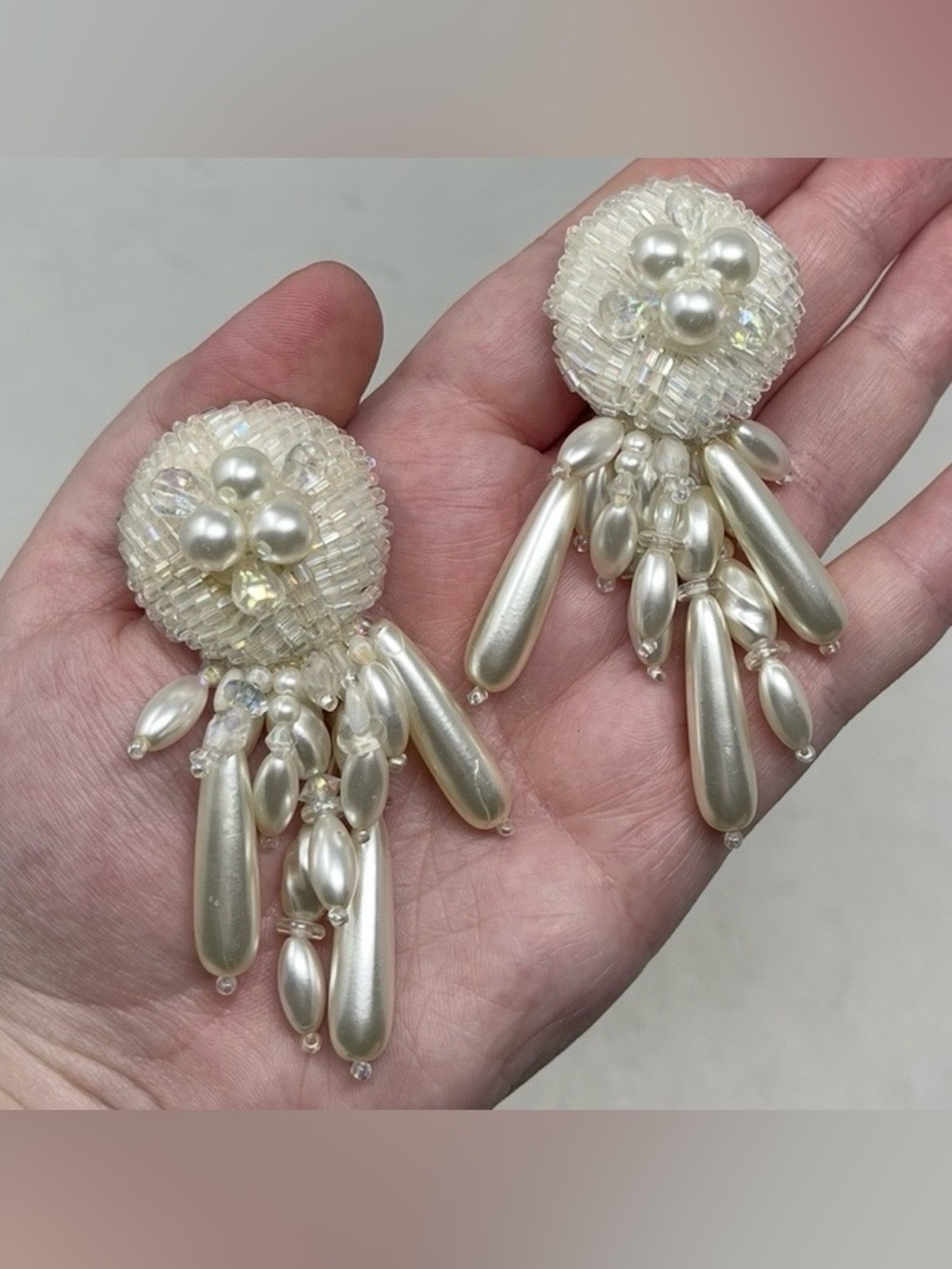Vintage Faux Pearl Clip-On Dangle Earrings Ivory Bead Fringe Unsigned